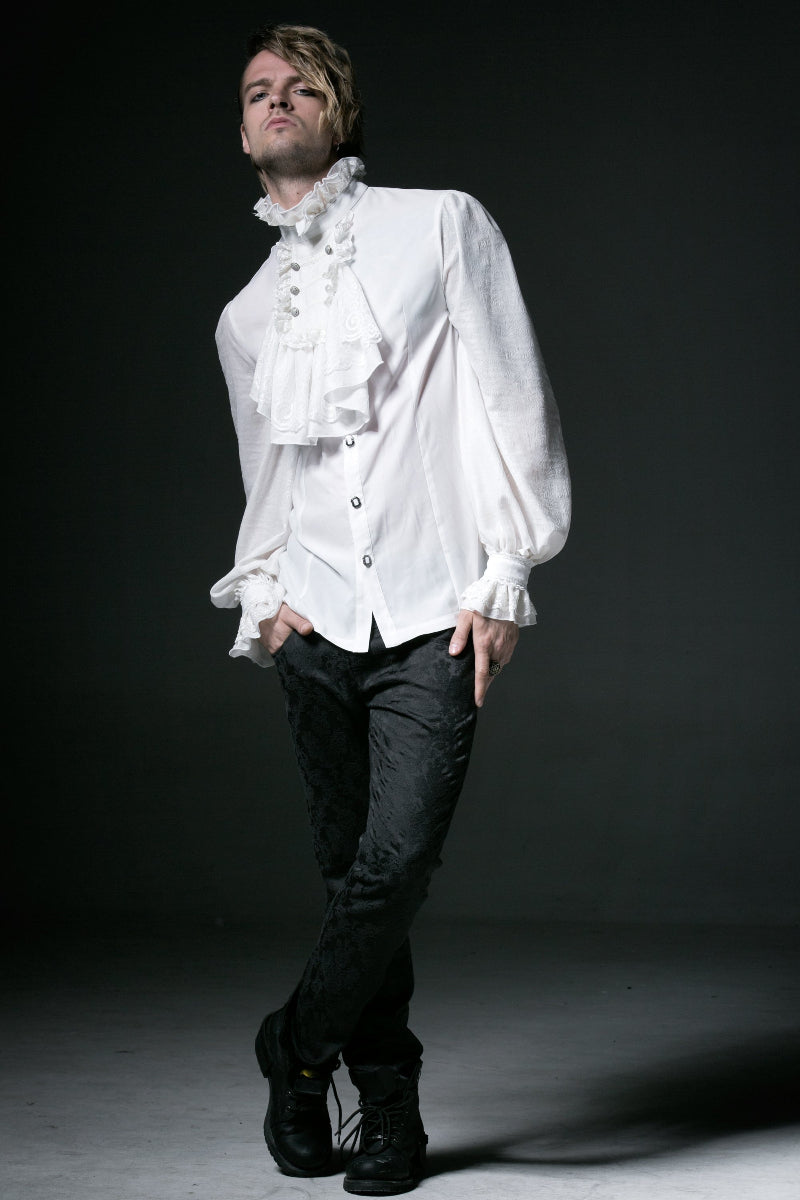 Gothic Aristocrat’s High Collar White Shirt – Men’s Victorian Ruffle Tie Gothic Aristocrat’s High Collar White Shirt – Men’s Victorian Ruffle Tie
