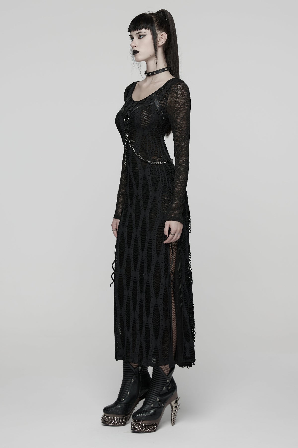 Tenebris Distressed Mesh Harness Maxi Dress