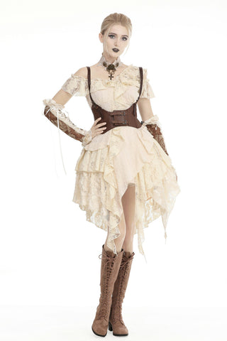 Woman wearing a steampunk-style dress with brown boots on a white background
