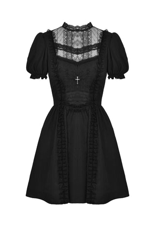 A black gothic-style mini dress featuring puff sleeves, a sheer lace yoke, and a small silver cross at the center of the bodice, shown against a plain white background.