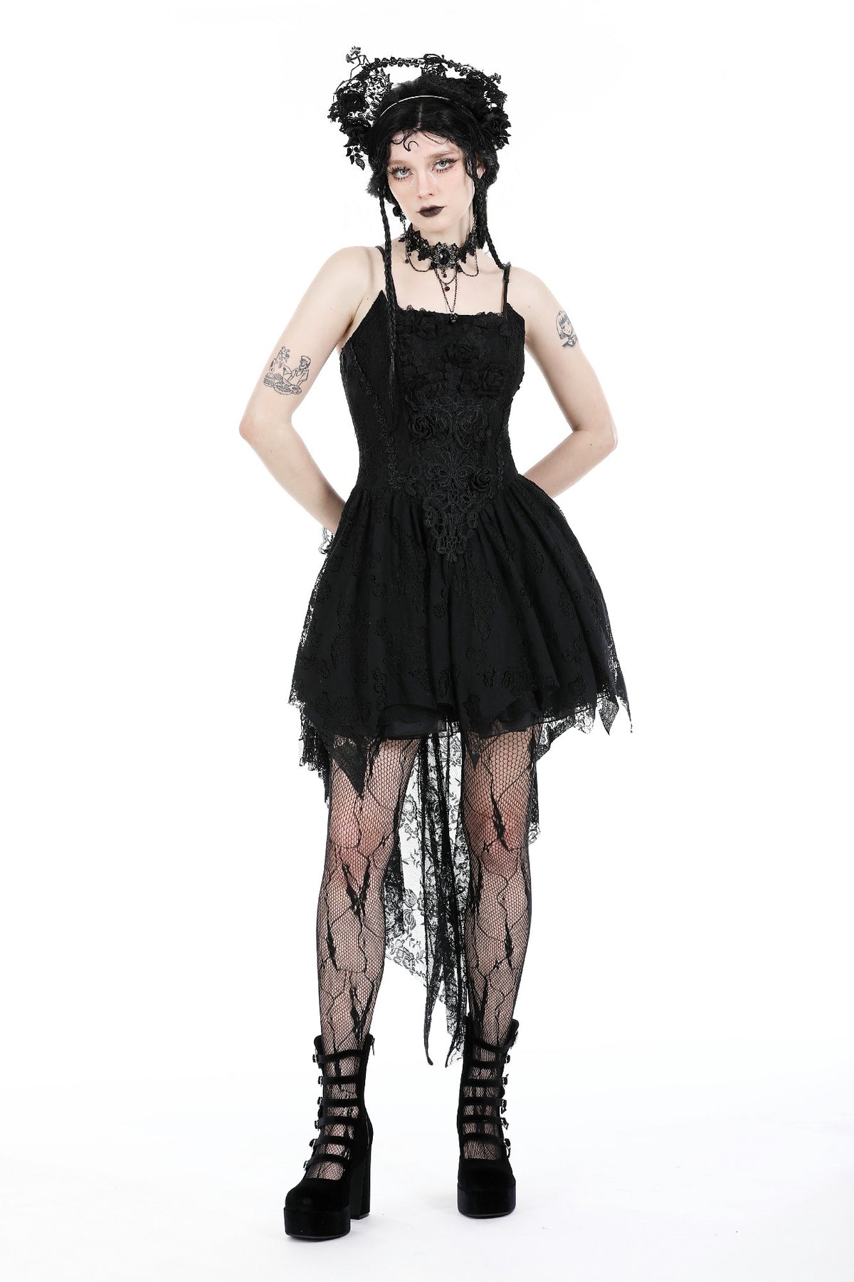 Black Rose Bloom Lace Dove-Tail Gothic Dress