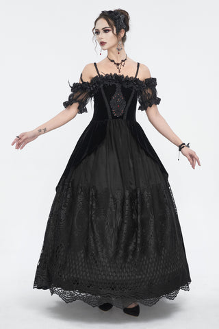 Off-Shoulder Velvet & Lace Maxi Dress