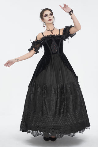 Veronica - Off-Shoulder Velvet & Lace Maxi Dress in Black