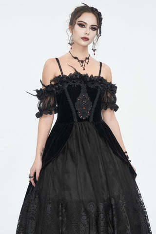 Veronica - Off-Shoulder Velvet & Lace Maxi Dress in Black