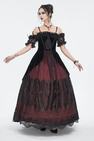 women's dark red and black off the shoulder dress gothic Victorian-Inspired Gothic with Satin Corset WonderlandByLilian or a themed photoshoot Dark Red Black Gothic off