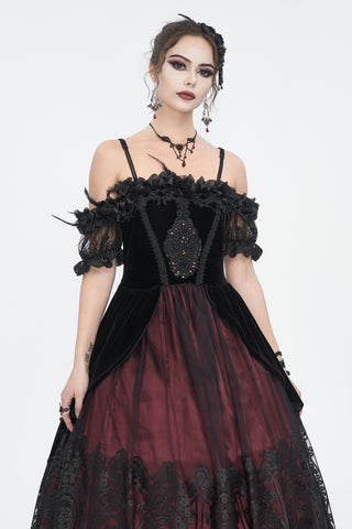 Off-Shoulder Velvet & Lace Maxi Dress