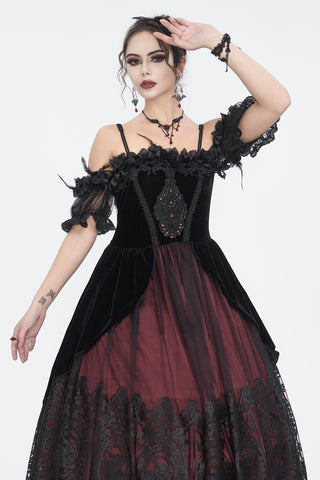 Off-Shoulder Velvet & Lace Maxi Dress