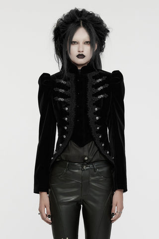 Model wearing Punk Rave WY-1637 black velvet Gothic jacket with frog closures, puff shoulders, and pointed tails — full front view.