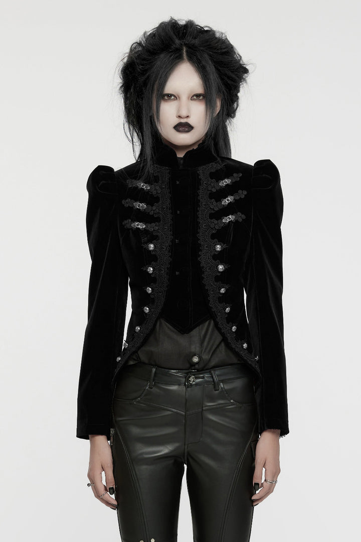 Model wearing Punk Rave WY-1637 black velvet Gothic jacket with frog closures, puff shoulders, and pointed tails — full front view.