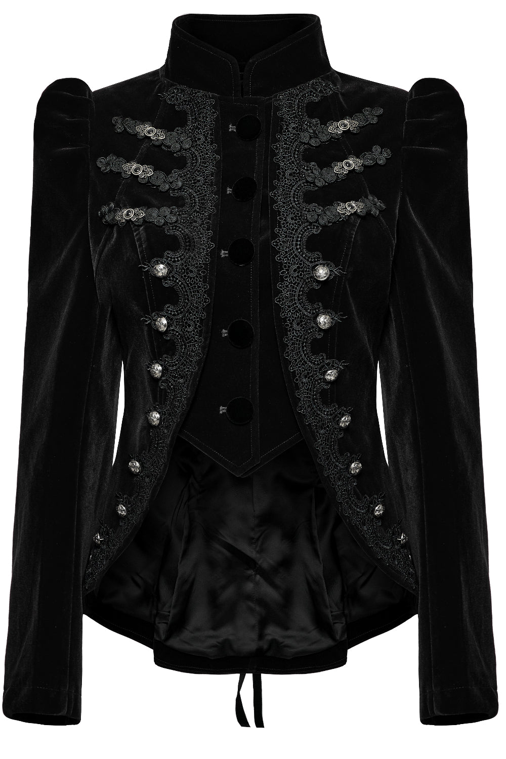 Close-up front view of Punk Rave WY-1637 black velvet jacket showing embroidered frog closures, puff shoulders, and high mandarin collar.
