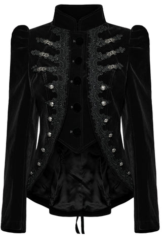 Close-up front view of Punk Rave WY-1637 black velvet jacket showing embroidered frog closures, puff shoulders, and high mandarin collar.