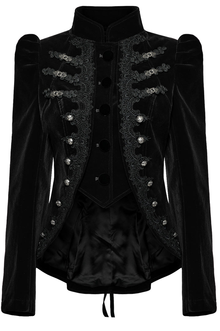 Close-up front view of Punk Rave WY-1637 black velvet jacket showing embroidered frog closures, puff shoulders, and high mandarin collar.