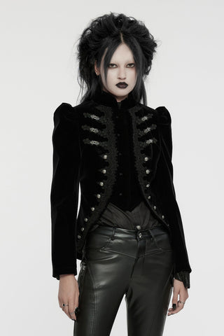 Model wearing Punk Rave WY-1637 black velvet jacket with silver buttons and puff shoulders, shown from a front-side angle.