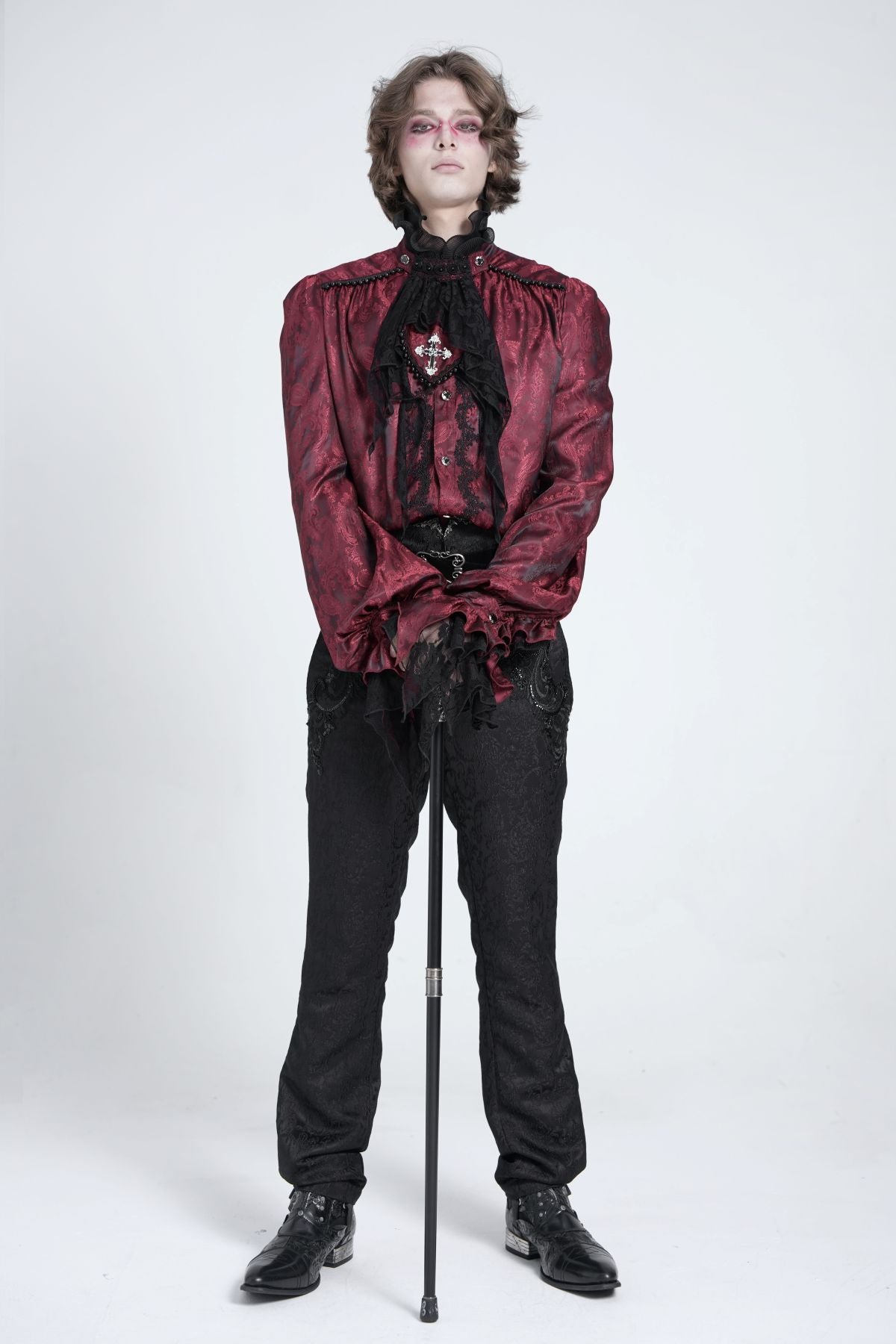 Victorian Gothic Red Jacquard Ruffle Shirt - Devil Fashion SHT140 
