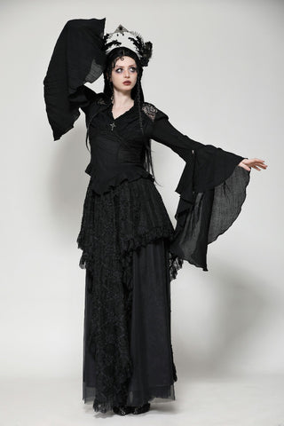 Dark Moon Eclipse V-Neck Blouse with Lace and Bell Sleeves