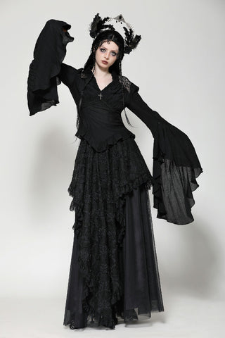 Dark Moon Eclipse V-Neck Blouse with Lace and Bell Sleeves