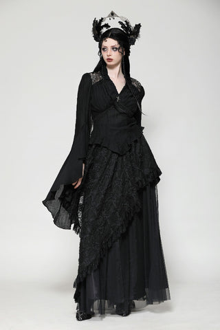 Dark Moon Eclipse V-Neck Blouse with Lace and Bell Sleeves