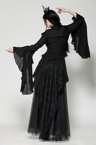Dark Moon Eclipse V-Neck Blouse with Lace and Bell Sleeves