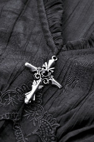 Dark Moon Eclipse V-Neck Blouse with Lace and Bell Sleeves