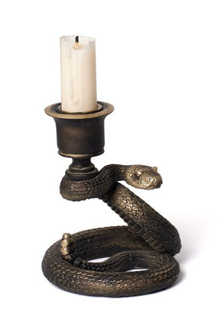 Antique gold snake candlestick holder with a coiled resin base and white taper candle