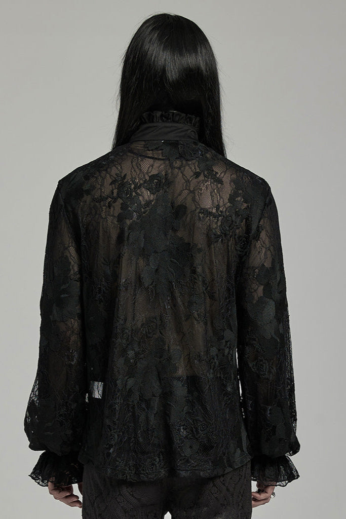 Back view of The Aramis Shirt – men’s sheer black lace Gothic shirt with floral embroidery and ruffled cuffs