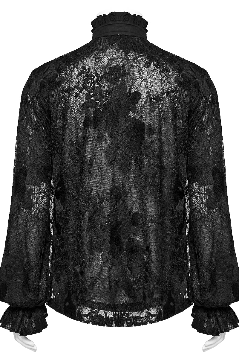 Back view of The Aramis Shirt on mannequin – sheer black floral lace with relaxed fit and long poet sleeves
