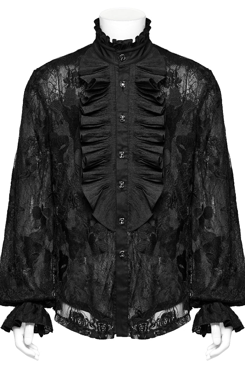 Front view of The Aramis Shirt on mannequin – men’s black lace Gothic shirt with pleated bib, frilled collar, and poet sleeves