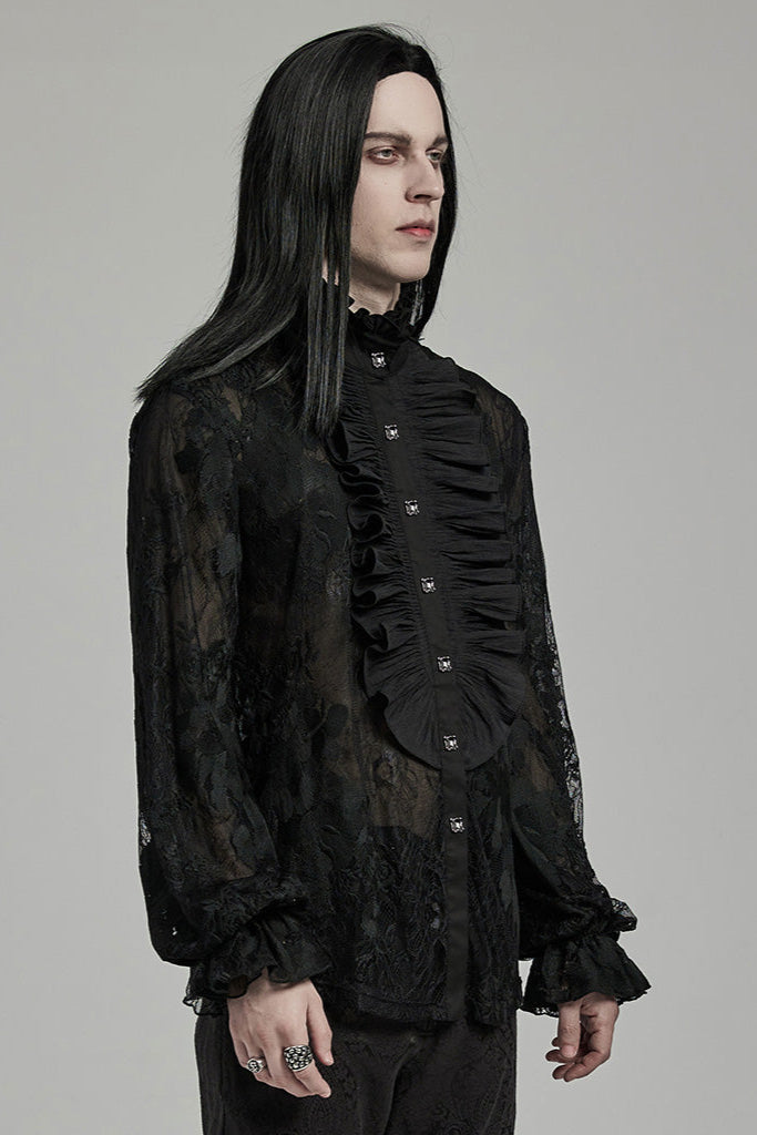 Side view of The Aramis Shirt – men’s black lace Gothic shirt with pleated bib and ruffled collar