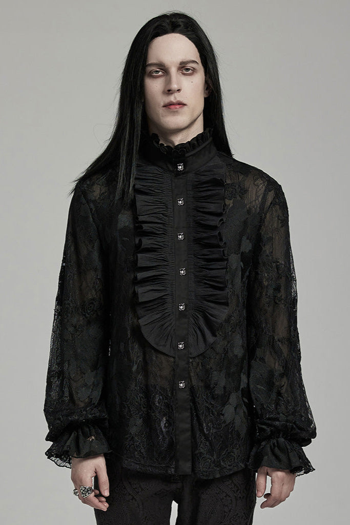Model wearing punl rave wy-1592 The Aramis Shirt – a men’s romantic Gothic black lace shirt with frilled collar and poet sleeves