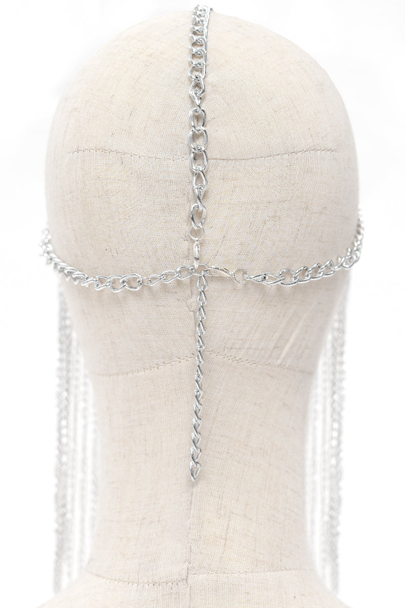 Rear view of chain veil headpiece on mannequin, showing central chain alignment and adjustable fastening detail.