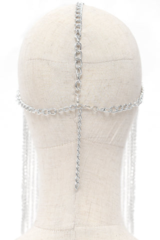 Rear view of chain veil headpiece on mannequin, showing central chain alignment and adjustable fastening detail.