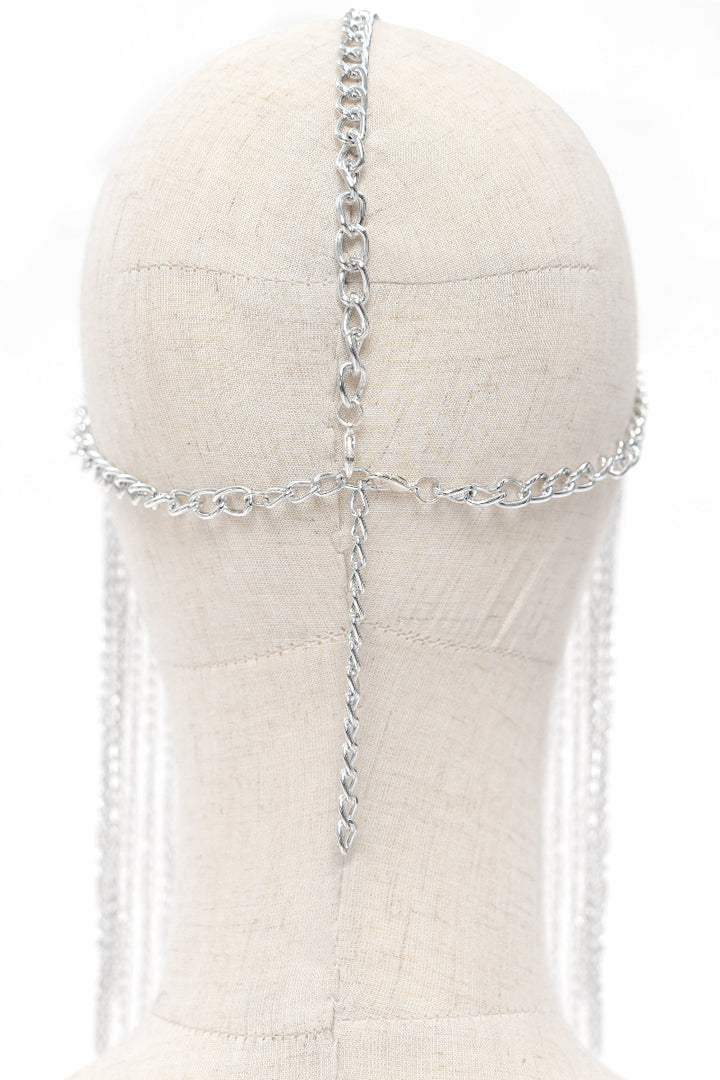Rear view of chain veil headpiece on mannequin, showing central chain alignment and adjustable fastening detail.