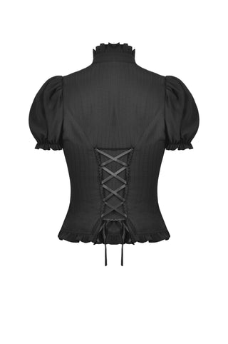 Back view of the Dark in Love IW087 black Gothic blouse with puff sleeves and lace-up corset detail on a white background