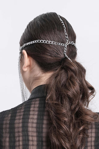 Back view of silver chain headpiece worn over dark hair, showing secure drape and connection points of the Gothic veil accessory.