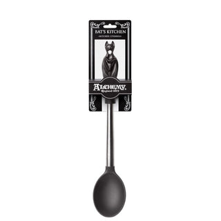 Black bat kitchen spoon displayed on recyclable Alchemy Bat’s Kitchen packaging