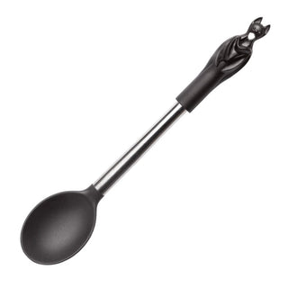 Black kitchen spoon with a sculpted bat handle and stainless steel shaft on a white background