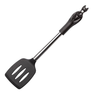 Black slotted spatula with a sculpted bat handle and stainless steel shaft on a white background