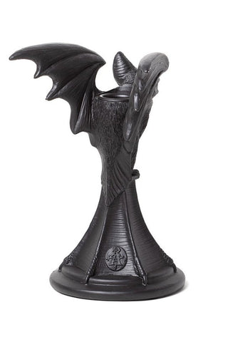 Rear view of a black bat taper candle holder showing the candle socket and sculpted wings