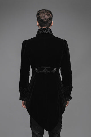 Back view of black Gothic velvet tailcoat with brocade collar and pointed hemline