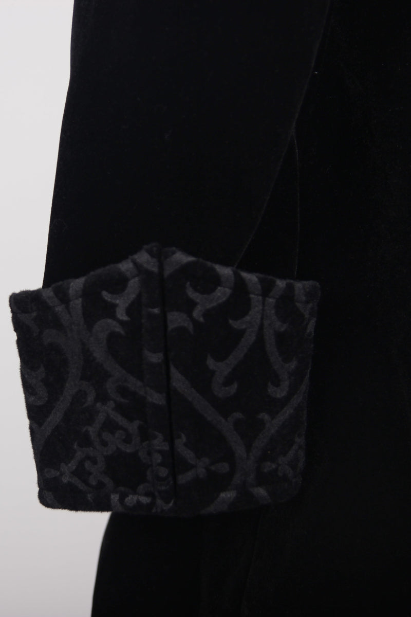 Close-up of brocade cuff on black Gothic velvet tailcoat sleeve