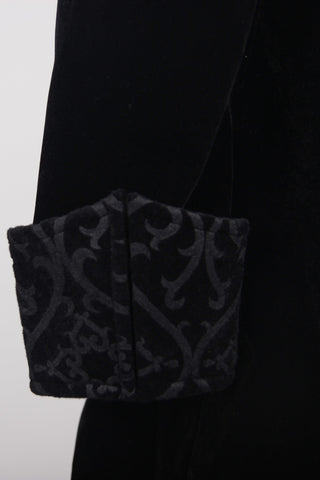 Close-up of brocade cuff on black Gothic velvet tailcoat sleeve