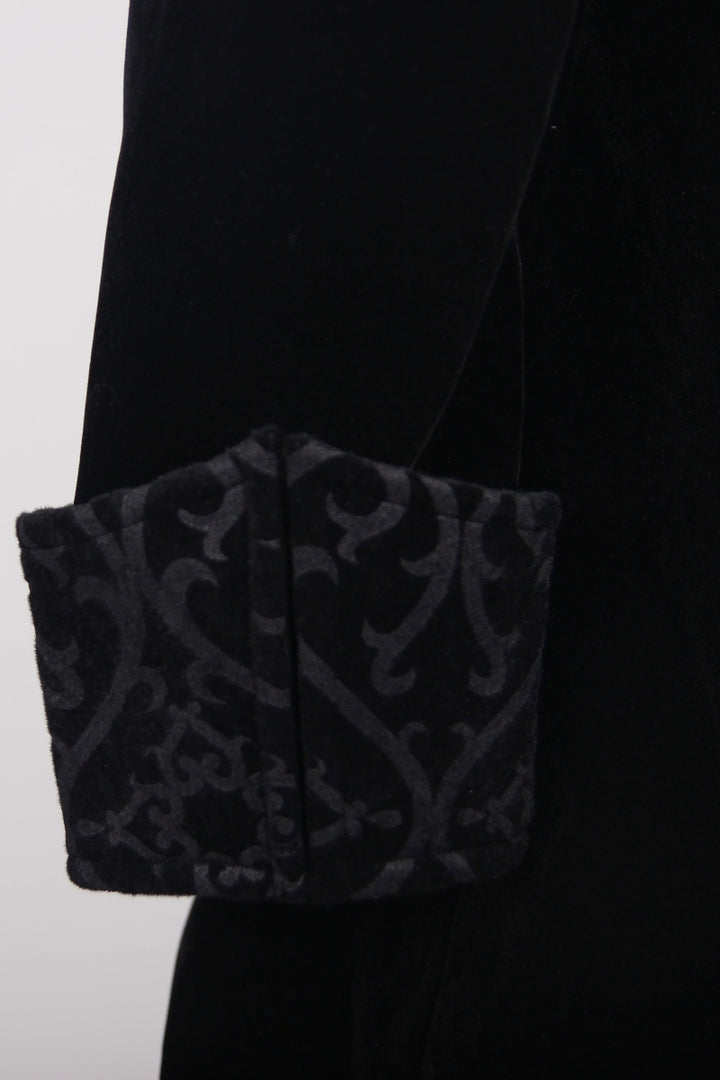 Close-up of brocade cuff on black Gothic velvet tailcoat sleeve