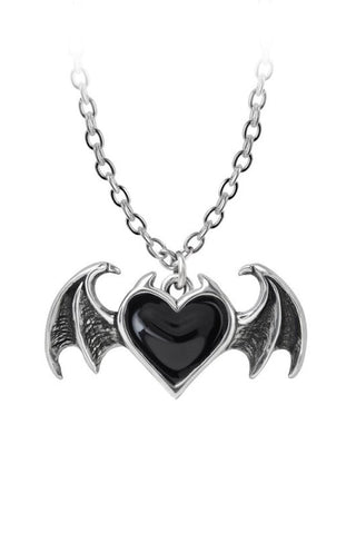 Antiqued pewter bat wing necklace with a black enamel heart pendant on a silver-tone chain