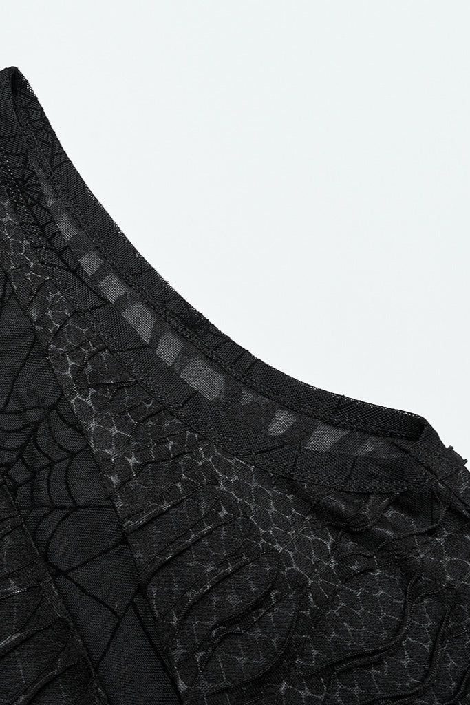 Close-up of black mesh fabric with spiderweb lace and distressed texture on sleeveless top