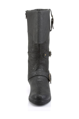 Black pirate boot front view with buckle strap