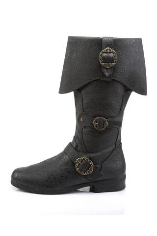 Black pirate boot side view with fold-over cuff and buckle straps