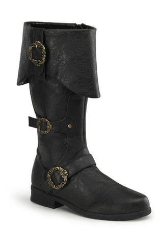 Black pirate boots with buckle straps and fold-over cuff