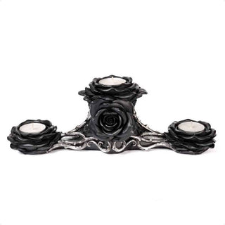 Black rose triple tea light holder with three white candles and antique silver vine details
