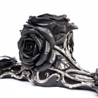Close-up of the black rose and antique silver vine details on a triple tea light holder