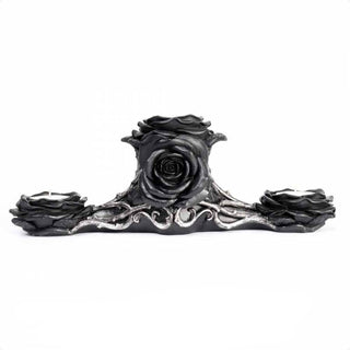 Rear view of a black rose triple tea light holder with antique silver vine details and three candle cups